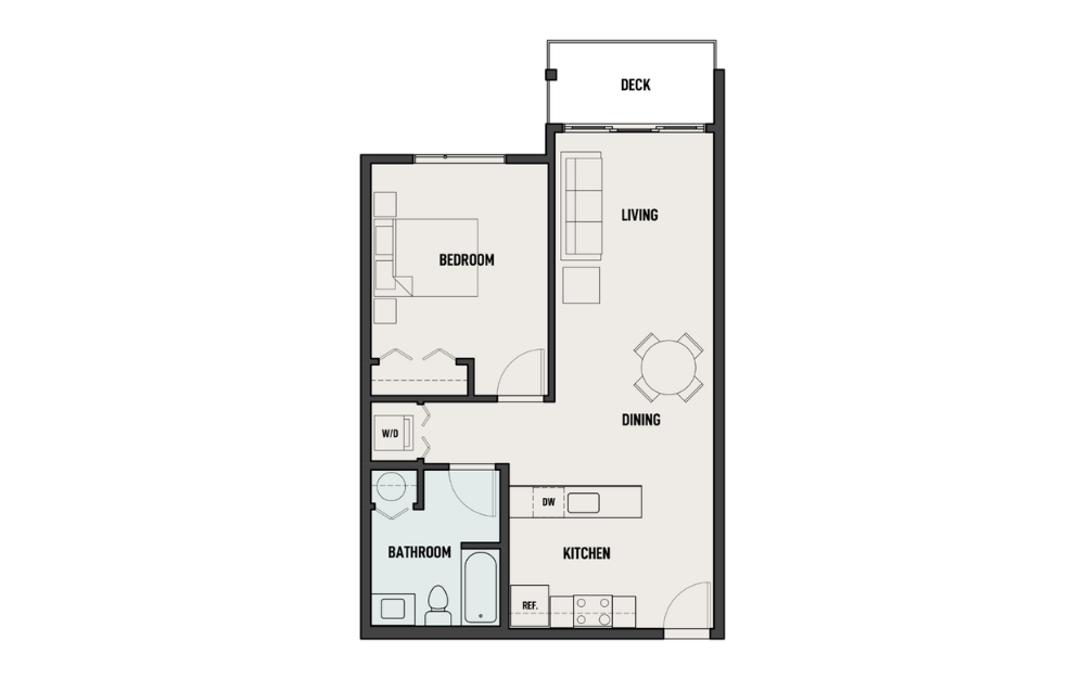 THE WOODS - 1X1-A - 1 bedroom floorplan layout with 1 bath and 684 square feet.