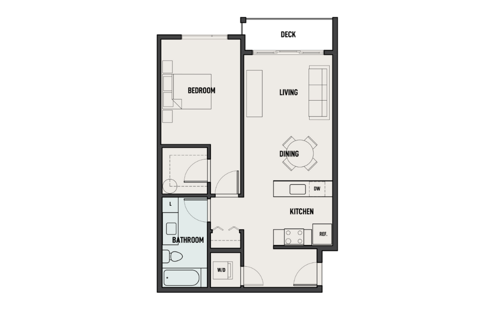 THE WOODS - 1X1-B - 1 bedroom floorplan layout with 1 bath and 708 to 724 square feet.