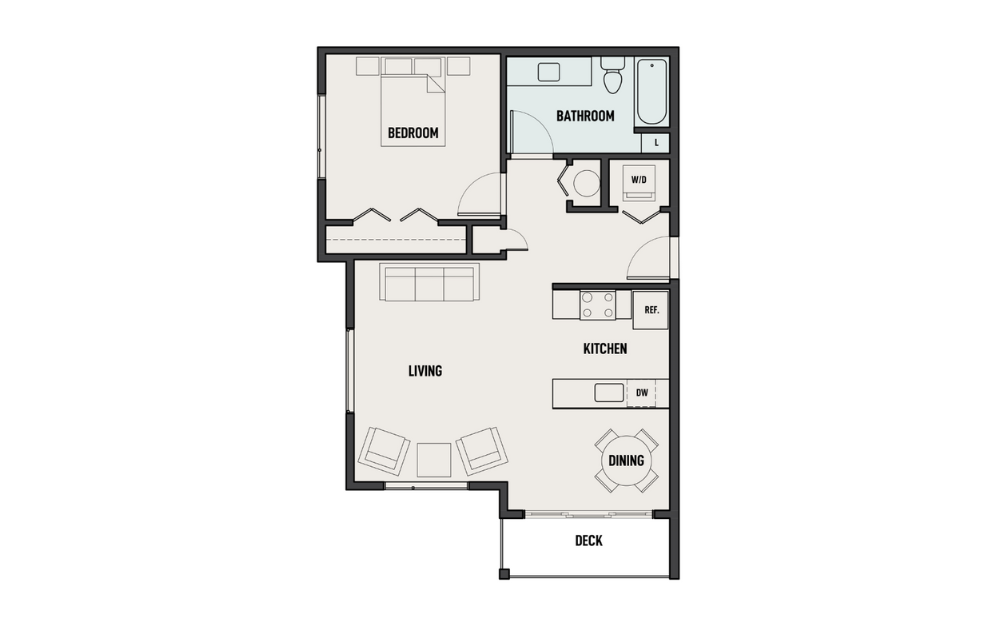 THE WOODS - 1X1-D - 1 bedroom floorplan layout with 1 bath and 776 square feet.