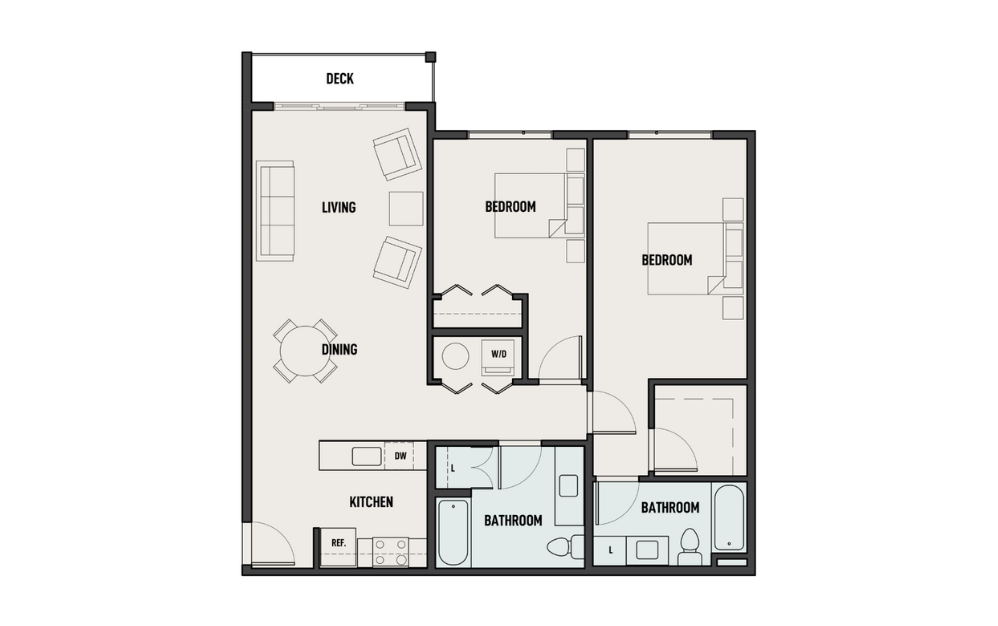 THE WOODS - 2X2-B - 2 bedroom floorplan layout with 2 bathrooms and 1057 square feet