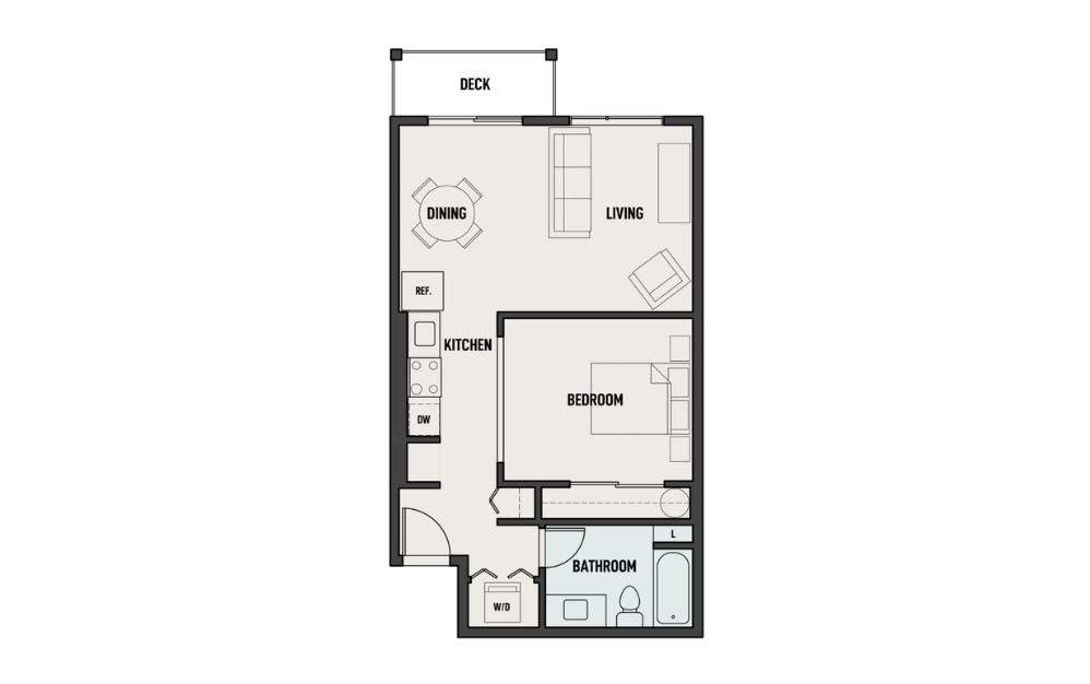 THE WOODS - Open 1-A - 1 bedroom floorplan layout with 1 bath and 584 to 624 square feet.