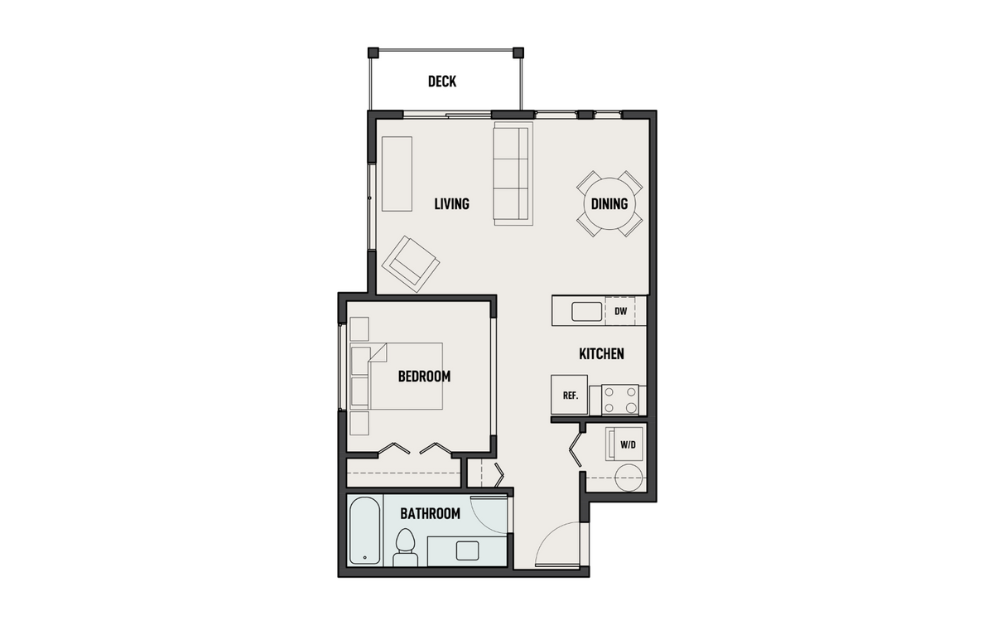 THE WOODS - Open 1-B - 1 bedroom floorplan layout with 1 bath and 636 square feet.