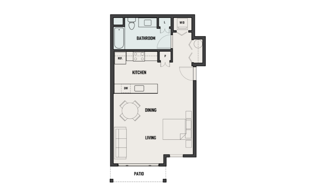 THE WOODS - Studio A - Studio floorplan layout with 1 bath and 469 square feet.